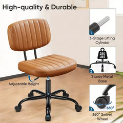 Armless Rolling Office Chair, Small Comfortable Desk Chair with Wheels, Low Back Lumbar Support, Faux Leather Vanity Stool for Bedroom, Living Room And Study