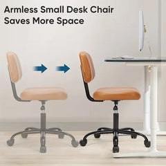 Armless Rolling Office Chair, Small Comfortable Desk Chair with Wheels, Low Back Lumbar Support, Faux Leather Vanity Stool for Bedroom, Living Room And Study
