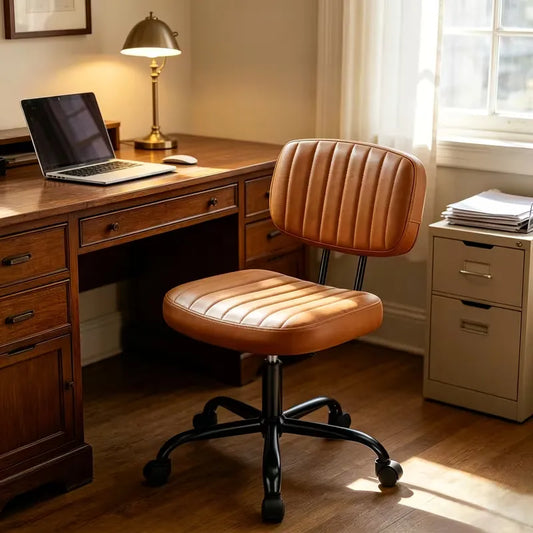 Armless Rolling Office Chair, Small Comfortable Desk Chair with Wheels, Low Back Lumbar Support, Faux Leather Vanity Stool for Bedroom, Living Room And Study