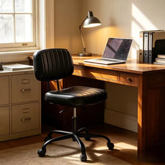 Armless Rolling Office Chair, Small Comfortable Desk Chair with Wheels, Low Back Lumbar Support, Faux Leather Vanity Stool for Bedroom, Living Room And Study