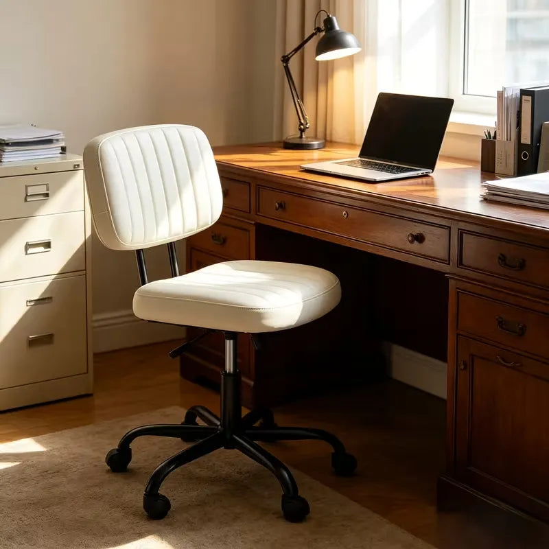 Armless Rolling Office Chair, Small Comfortable Desk Chair with Wheels, Low Back Lumbar Support, Faux Leather Vanity Stool for Bedroom, Living Room And Study