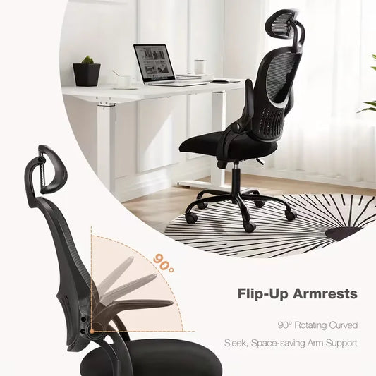 Ergonomic Office Desk Computer Chair, High Back Comfy Swivel Home Gaming Mesh Chairs with Wheels, Adjustable Headrest, Comfortable Lumbar Support, Flip-Up Arms, 144° Tilt for Study
