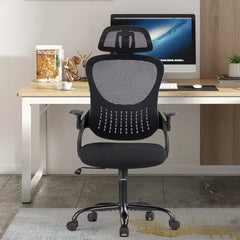 Home Office Desk Chair, Ergonomic High-Back Mesh Rolling Work Computer Chairs with Wheels and Adjustable Headrests, Comfortable Lumbar Support, Comfy Flip-up Arms for Bedroom, Study